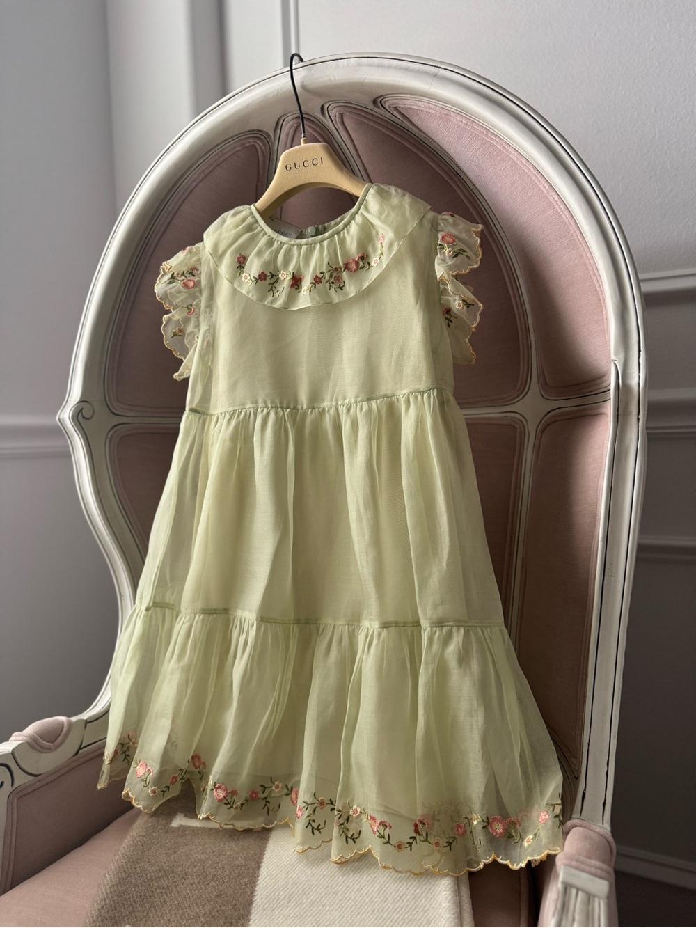 Gucci Pale Green Floral Embroidered Ruffle Tiered Dress